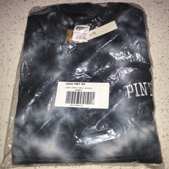 Vs Victorias Secret Pink Varsity Crew Sweater Jacket Top Black Ivory Tie Dye XS - Picture 7 of 7